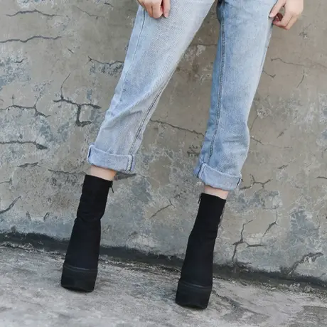 瘦瘦靴12cm内增高帆布鞋女春秋单靴高帮休闲松糕鞋厚底高跟小短靴图片