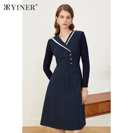 YINER音儿奥莱女装冬季V领收腰条纹连衣裙图片