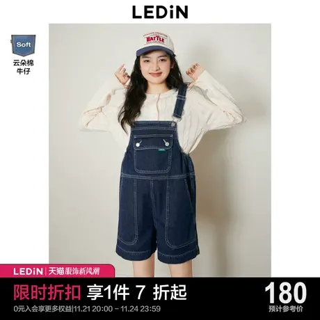 乐町背带裤2023秋季新款大口袋装饰背带短裤女休闲牛仔裤商品大图
