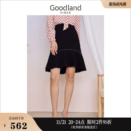 Goodland美地女装2023秋季法式优雅高腰黑色奢感蕾丝半身裙图片