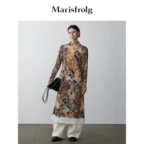 【商场同款】玛丝菲尔冬季新款半高领时尚印花羊毛连衣裙图片