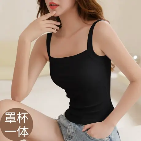 纯棉吊带背心女带胸垫一体式文胸bra黑色上衣内搭外穿打底内衣夏商品大图