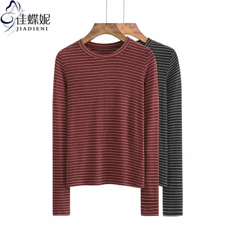 春秋新款圆领条纹修身显瘦长袖体恤上衣打底内搭韩版纯白女装T恤商品大图