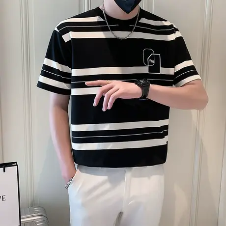 夏季t恤男装短袖半袖潮流圆领条纹设计感潮牌网红休闲INS个性体恤图片