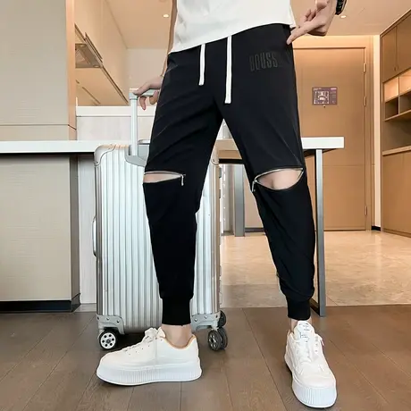 夏季男士高街ins休闲裤拉链破洞九分裤时尚个性休闲学生潮牌百搭图片