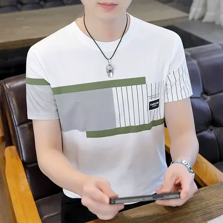 夏季休闲男士短袖t恤圆领纯棉条纹修身体恤潮流半袖上衣服男装ins商品大图