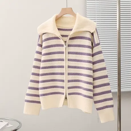 2023新款韩版宽松秋装条纹拉链衫毛衣长袖百搭开衫外套针织上衣女图片