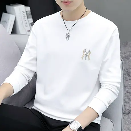春秋季长袖T恤男装圆领潮牌ins潮流卫衣男士打底上衣白色休闲体恤商品大图