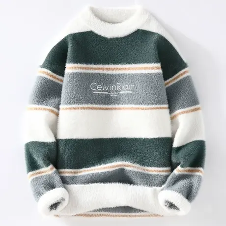 圆领毛衣男秋冬季潮牌条纹拼色毛线衣服套头雪尼尔男士打底针织衫图片