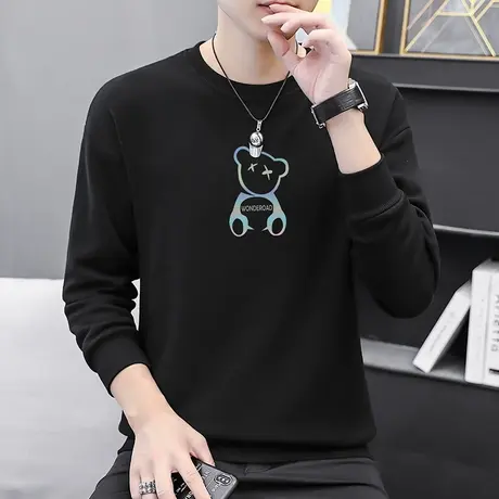 男士卫衣2024新款潮流潮牌小熊印花秋季上衣套头无帽加绒黑色长袖商品大图