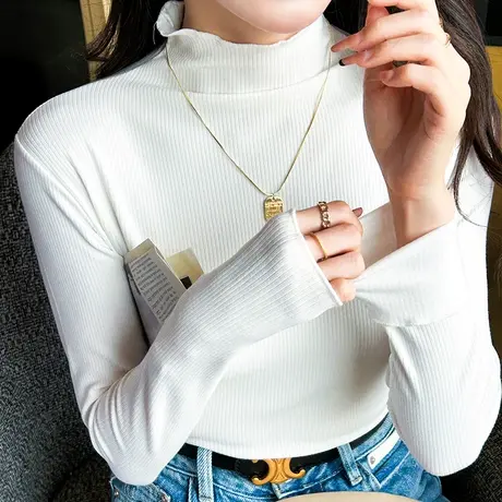 白色木耳边打底衫女2023新款内搭中领春装洋气修身薄绒打底衣t恤商品大图