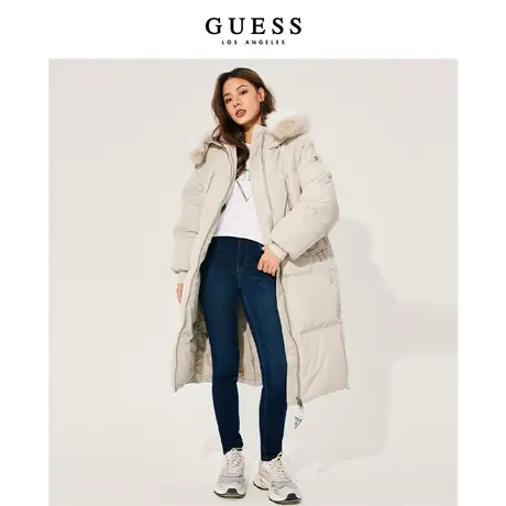 【38上新季】GUESS冬季女士纯色无衔缝连帽中长羽绒服图片