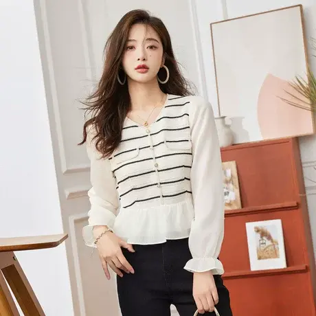 时尚气质小香风衬衫2023年夏季新款淑女温柔甜美V领显瘦通勤上衣图片