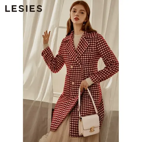 LESIES蓝色倾情秋冬季女复古格子长款收腰显瘦千鸟格呢子大衣外套图片