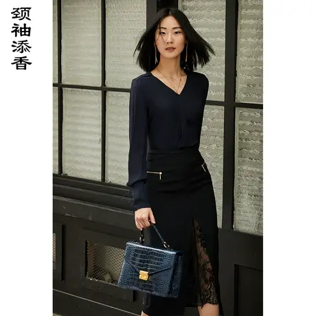 颈袖添香2023秋季新款衬衫黑色ol职业长袖修身时尚女士衬衣图片