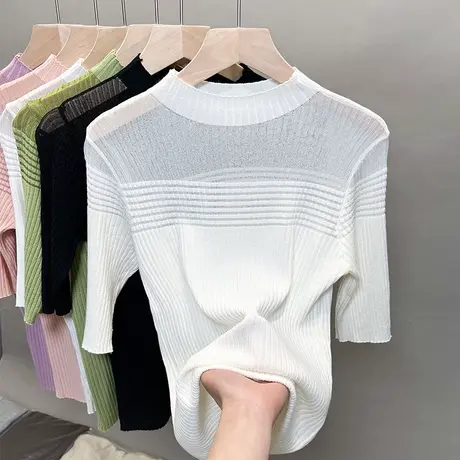 半高领冰丝针织衫女2023春夏秋新款打底衫蕾丝上衣中袖薄T恤衫潮图片