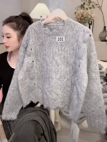 小众设计感灰色毛衣女2023秋装新款韩系宽松圆领套头针织百搭上衣图片