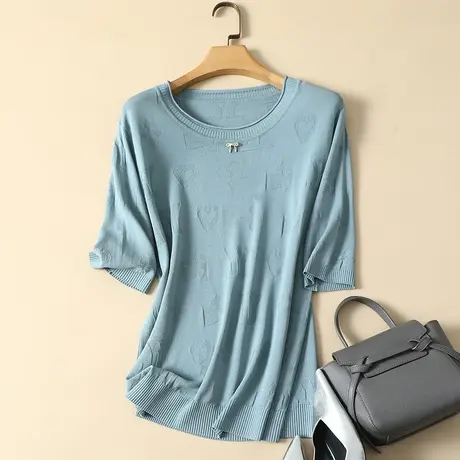 冰丝针织衫短袖t恤女2024春夏新款圆领宽松显瘦薄款打底衫女上衣图片
