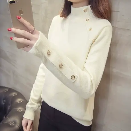 高领毛衣女秋冬季新款纯色简约宽松套头软绵绵针织打底衫加厚图片