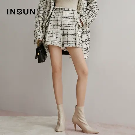 INSUN恩裳冬季流苏格子短裤直筒粗花呢裤商品大图