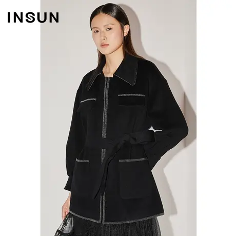 COVER冬季珠链镶边廓形感羊毛外套商品大图