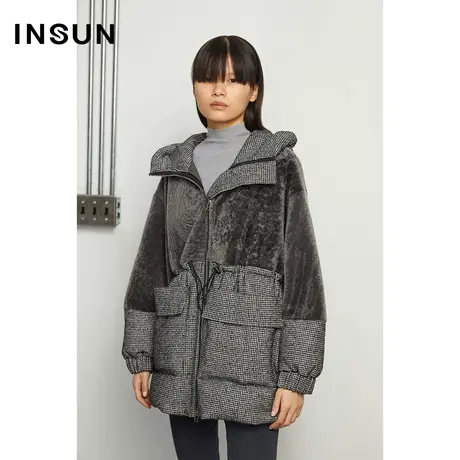 INSUN恩裳冬季绒毛拼接细格带帽羽绒服商品大图