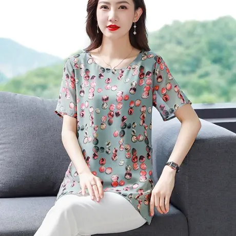 2023年新款夏季遮肚子宽松减龄中长款印花雪纺衫女短袖洋气上衣商品大图