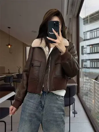新款冬季短款皮衣小个子加厚皮夹克时尚洋气女士羊羔毛机车服外套商品大图