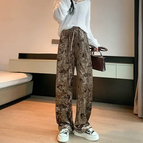 金丝绒阔腿女2023秋冬新款高级感印花小个子灯芯绒直筒显瘦拖地裤图片
