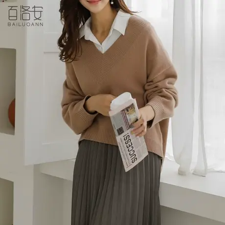 百洛安套头毛衣女春新款时尚V领长袖大码宽松大码毛衫百搭针织衫商品大图