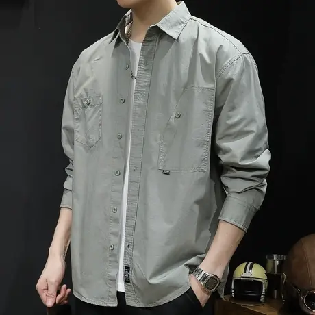 工装衬衫外套男士衬衣长袖休闲春秋2023新款秋季衬衫男薄美式复古图片