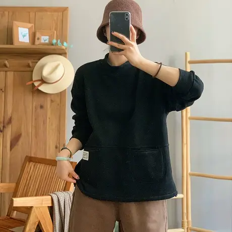 dza 复古纯色全棉宽松高领加绒卫衣女冬外穿口袋上衣休闲长袖外套商品大图