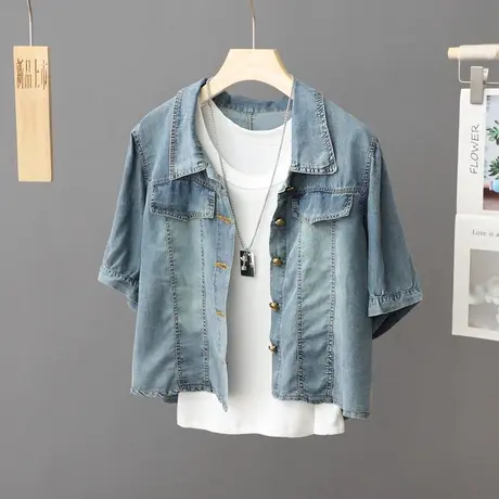 夏季新款薄款牛仔短袖衬衫女设计感小众韩版短款外搭上衣外套衬衣商品大图