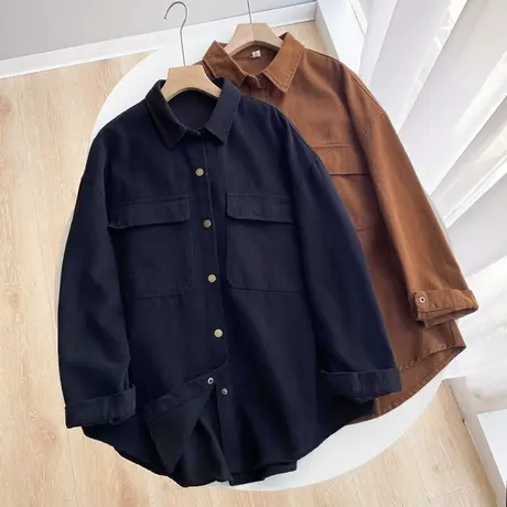 秋冬新品宽松韩版大板显瘦阔型时尚中长款长袖衬衫女休闲上衣外套图片