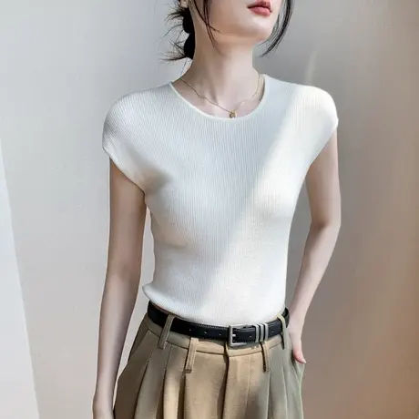 白色冰丝针织衫女夏季纯色简约竖条内搭圆领蝙蝠无袖修身上衣薄商品大图