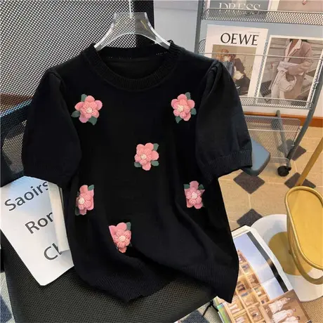 2023夏装新款减龄宽松圆领套头短袖立体花朵设计感针织衫女上衣潮图片