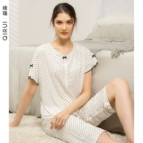 绮瑞睡衣女夏莫代尔短袖七分裤薄款波点套装家居服女士夏季大码商品大图