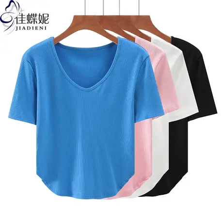 夏季新款韩版圆领纯棉修身纯欲燕尾摆短袖体恤上衣内搭女打底衫商品大图