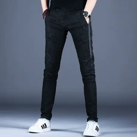 秋冬休闲牛仔裤男款黑色弹力百搭裤子2023拼接条纹系绳修身小脚裤图片