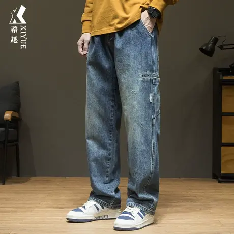 希越春秋复古工装牛仔裤男款多口袋直筒裤宽松大码胖子拖地阔腿裤商品大图