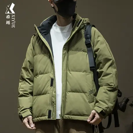 新国标鸭绒连帽羽绒服男冬季新款潮牌宽松大码工装外套军绿色棉服图片