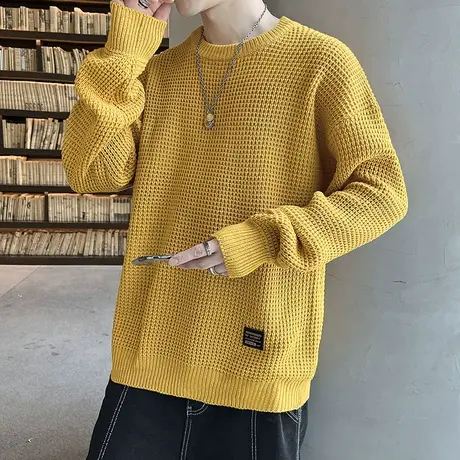 加绒针织打底衫男秋冬季薄款粗线毛衣男士宽松线衣加厚款潮流上衣商品大图