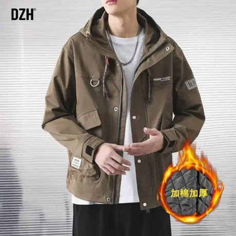 男士痞帅军绿色冲锋衣外套男冬季夹棉加厚棉服潮牌连帽棉衣夹克衫商品大图