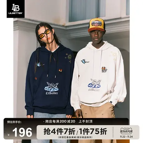 Lilbetter幸运手势360g重磅连帽卫衣男秋款刺绣外套落肩袖情侣装商品大图