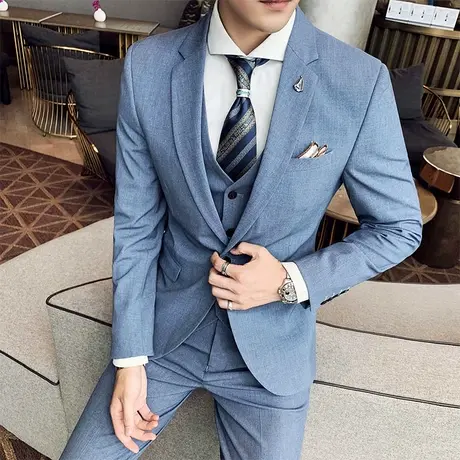 西服套装男三件套商务休闲西装职业正装修身伴郎服新郎结婚礼服帅图片
