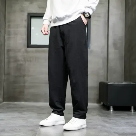 春秋新款男大码休闲亚麻长裤中国风纯色潮流复古风宽松直筒哈伦裤图片