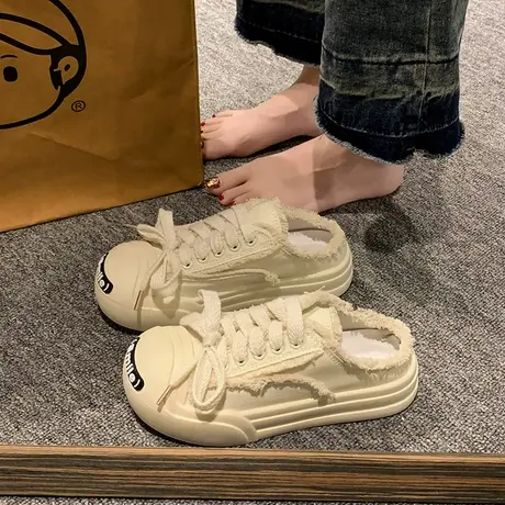 小香风开口笑帆布拖鞋女2024夏季新款包头半拖超火厚底休闲板鞋子商品大图