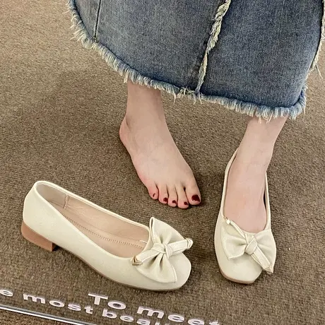 复古平底蝴蝶结单鞋女2024夏季新款软皮软底方头浅口瓢鞋奶奶鞋子商品大图