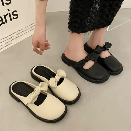 包头半拖鞋女外穿2024年新款夏季蝴蝶结无后跟法式软底穆勒凉拖鞋商品大图