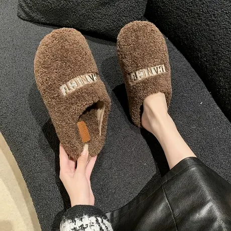 网红毛毛半拖鞋女外穿2023新款秋冬季超火羊羔毛厚底包头棉拖鞋子商品大图